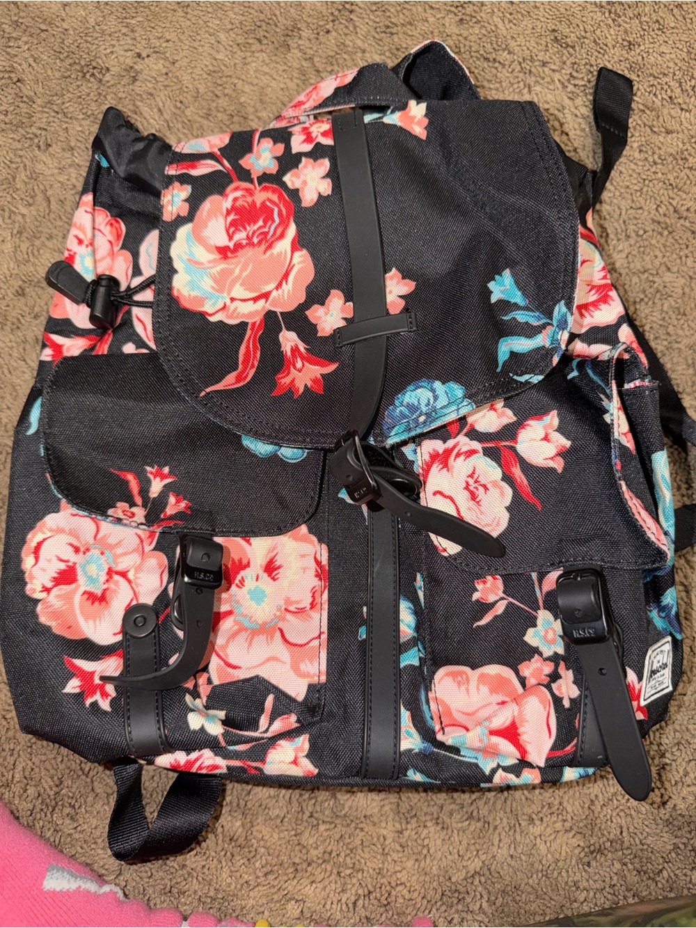 Herschel Supply Company Black Floral Backpack with Pink & Teal Blooms